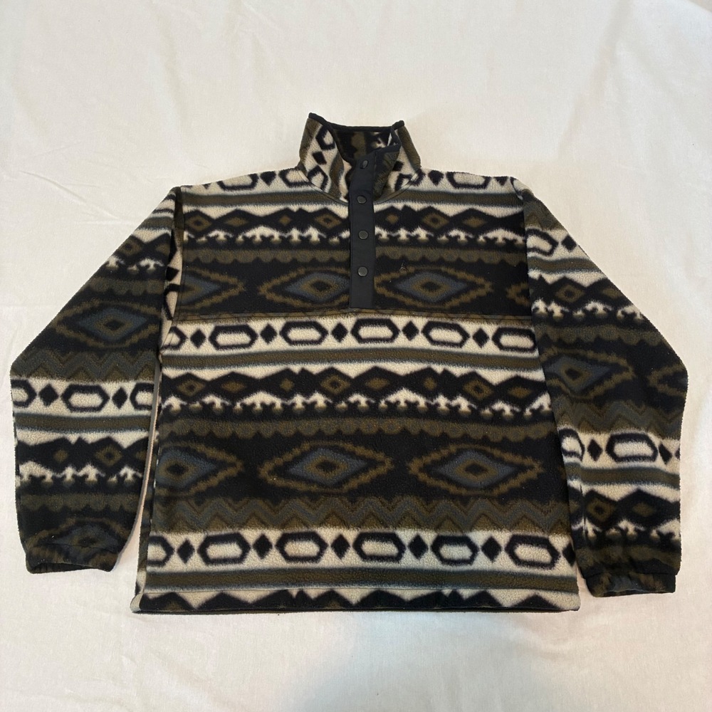 White Sierra Fleece Pullover Mens S Multicolor Aztec Geometric Snap Neck USA